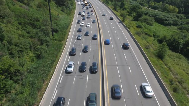 Overhead view of Don Valley Parkway. Summer in Toronto, Canada. Handheld shot with stabilized camera.