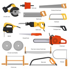 Saw vector sawing equipment hand-saw hacksaw chainsaw and pullsaw sawdust carpentry metal tool with sharp blade for construction fretsaw bow-saw jigsaw illustration set isolated on white background - obrazy, fototapety, plakaty