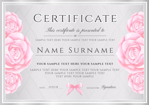 Certificate vector template. Silver triangle pattern background with border frame and rose flowers for Diploma, certificate of appreciation, excellence, attendance or invitation design