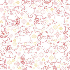 Seamless pattern with linear funny pigs. Vector.