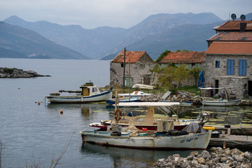 Fishing boat moored on port in fishing village, Karce, Trivet, Montenegro