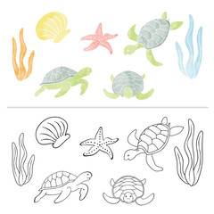 Watercolor set turtle, coral, sea star. Isolated illustration. Black contour.