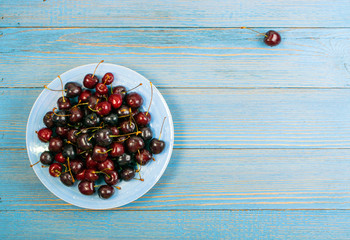 Fresh Overripe ripe Cherries on Blue Rustic Wooden Background