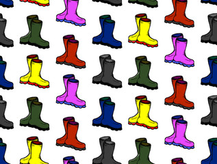 Seamless pattern colorful rubber boots. Vector illustration of autumn boots. Hand  drawn rubber boot. Rubber autumn boots for fishing.