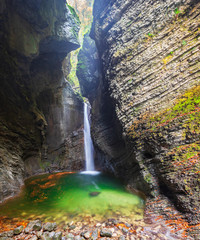 Fototapeta na wymiar The Kozjak Waterfall is one of the greatest remarkableness in Kobarid region, Slovenia.