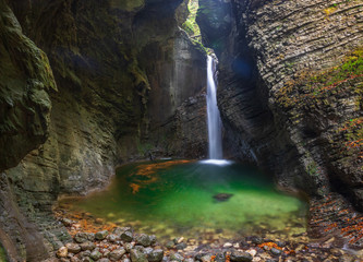 Fototapeta na wymiar The Kozjak Waterfall is one of the greatest remarkableness in Kobarid region, Slovenia.