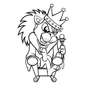 Lion - The King Of Jungle, Sit On His Throne And Wearing The Kings Outfit Coloring Book Cartoon Vector