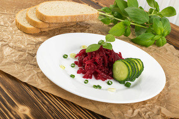 Grated Pickled Beet Root or Beetroot on Rustic Background