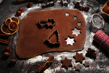Baking christmas cookies. Typical cinnamon stars bakery for xmas with ingredients.
