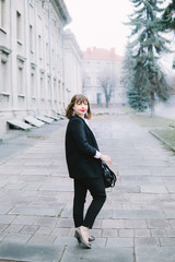 Business Women Style. Woman Going To Work Walking Downstairs. Portrait Of Beautiful Smiling Female In Stylish Office Clothes Going Old Town.