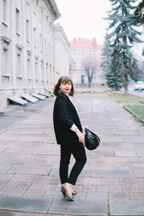 Business Women Style. Woman Going To Work Walking Downstairs. Portrait Of Beautiful Smiling Female In Stylish Office Clothes Going Old Town.