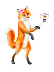 Funny Fox  - Self picture isolated on white background. Selfie stick in his hand. Cute Red fox are taking a selfie with smartphone camera. Animals taking a selfie. Watercolor. 