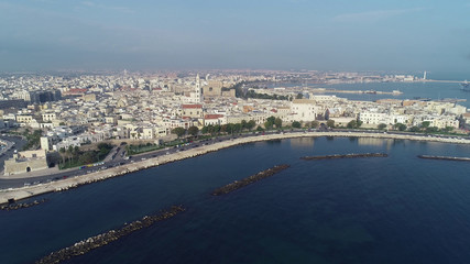 Drone picture. Sunrise. Old town of Bari, Puglia, Italy. 