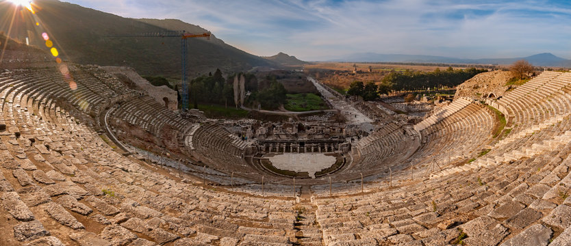 Panoramic view of the ancient city from the top of the Ephesus Theater. The ancient city is listed as a UNESCO World Heritage Site.
