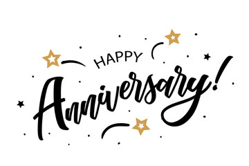 Happy Anniversary. Beautiful greeting card poster, calligraphy black text word golden star fireworks. Hand drawn, design elements. Handwritten modern brush lettering, white background isolated vector.