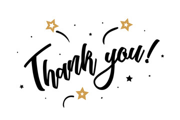 Thank you. Beautiful greeting card poster, calligraphy black text word golden star fireworks. Hand drawn, design elements. Handwritten modern brush lettering, white background isolated vector