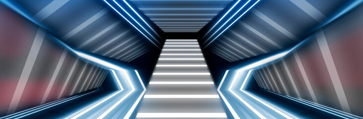 Obraz premium Background of an empty room at night with smoke and neon light. Dark abstract background. Background of an empty show scene. 