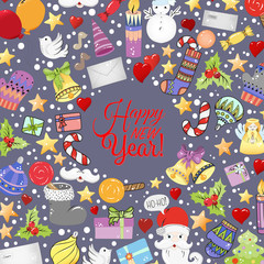 Merry christmas pattern for holiday greeting cards, print, book page, bullet journal or wrapping paper. Bells, Santa, tree, socks, candle, sweets, love hearts, angel and stars