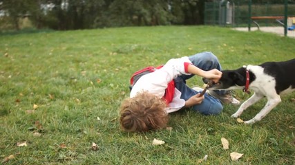A boy and a black and white dog are playing on the green grass. Active family holidays with animals - Powered by Adobe