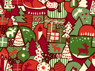 Christmas seamless vector background. Modern holiday pattern in red, green, beige. Reindeer, elk, Christmas ornaments, gift boxes, trees, candles for wrapping, fabrics