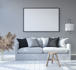 Mock up poster frame in home interior background, Scandinavian Bohemian style living room, 3D render