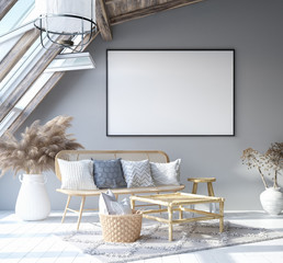 Mock up poster frame in home interior background, Scandinavian Bohemian style living room in attic, 3D render © artjafara