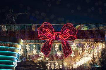Christmas tree decorated with lights and Sophia Cathedral on background. Kiev, Ukraine