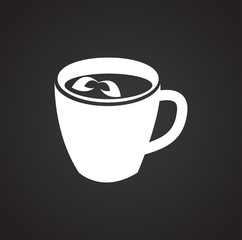 Cup with hot drink on black background icon