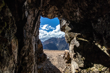 View out of an old silver mine by the Inca Folk on the Choquequirao Trek to Machu Picchu, Andes Mountains, Peru