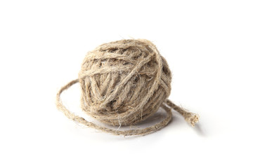 Twine or rope ball isolated on white background. Ball of grey natural linen string.