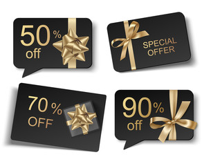 Set of decorative discount tags for black friday sale design. Vector illustration. Holiday card with gold bow isolated on white