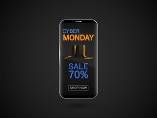 Cyber Monday banner. Realistic black smartphone isolated on dark background. Vector