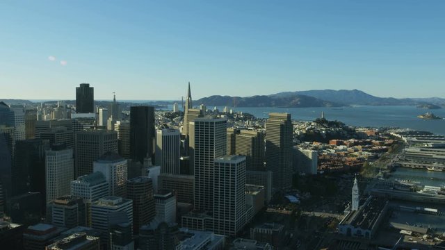 Aerial view Port of San Francisco downtown skyscrapers