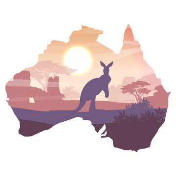 recommend clip art: Big red kangaroos on the Australian plain. Wild nature of Australia. Realistic vector landscape in the form of a map of the continent Australia. Silhouettes of animals and plants. Travel