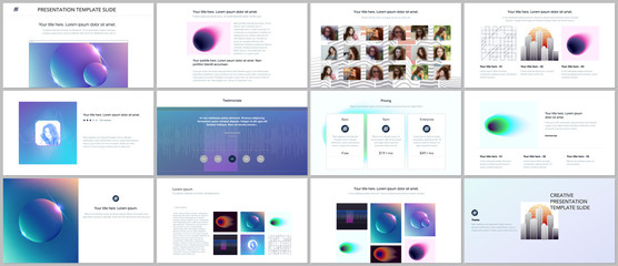Minimal presentations, portfolio templates with colorful gradient blurs and geometric backgrounds. Brochure cover vector design. Presentation slides for flyer, leaflet, brochure, report, marketing.