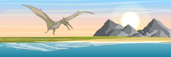 Flying reptile pteranodon in the sky over the island with volcanoes and mountains. Sea. Prehistoric animals and plants. Vector landscape of the Mesozoic era. Pterodactyl © AnnstasAg