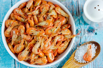 Boiled shrimp with sea salt, healthy snack