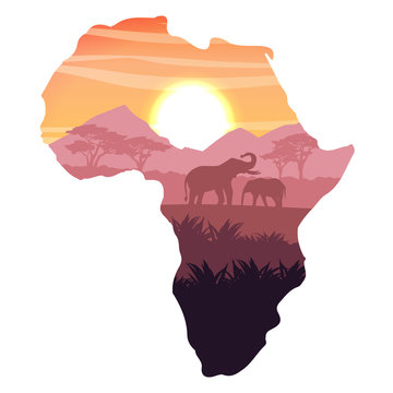 Elephant mother and her young in the African savanna at sunset. Doum palms. Realistic vector landscapes in the form of a map of continent of Africa. The nature of Africa. Reserves and national park