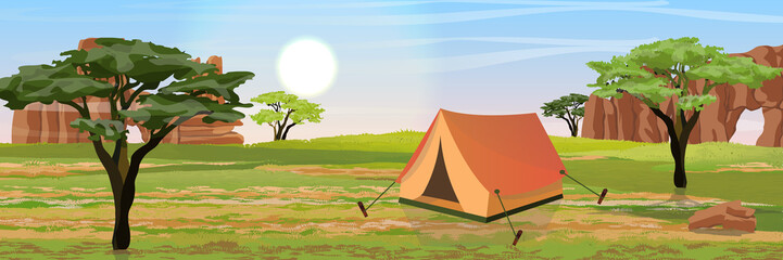 Tent for rest and tourism on the Australian Plain. Mountains and acacia trees. Realistic vector landscape. The nature of Australia. Reserves and national parks. Camping.