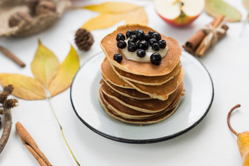 banana pancakes autumn leaves and fruits