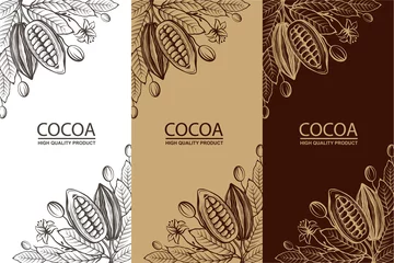 Fotobehang collection of cocoa packages with beans, branch and leaves © Alexkava
