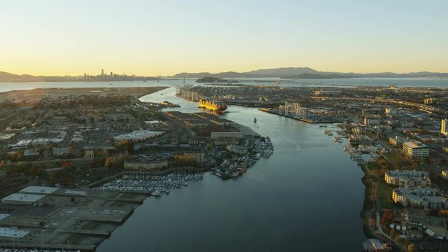 Aerial view Oakland Harbor container ship San Francisco