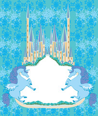 Beautiful unicorn and fairy-tale princess castle frame © diavolessa