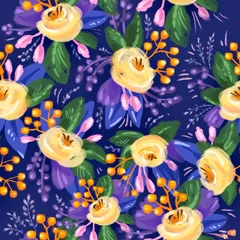 Fototapeten Colorful floral illustration for textile, wrapping paper, fabric, cover. Hand drawn yellow roses on blue background © sunny_lion