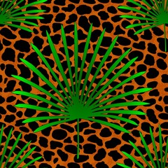 Tropical palm leaves jungle on leopard fur seamless vector pattern background