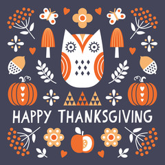 Vector Happy Thanksgiving card with cute owl, berries, pumpkins and acorns in Scandinavian style on navy background with hand made text greeting. Modern folk art card in square format. - 233444906