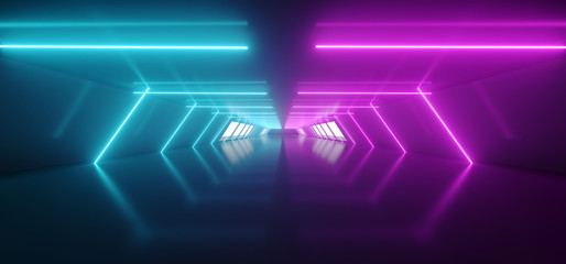 Modern Futuristic Sci Fi Alien Ship Reflective Dark Empty Long Corridor Tunnel With Big White Windows And Purple Blue Abstract Shaped Neon Glowing Lines Background 3D Rendering