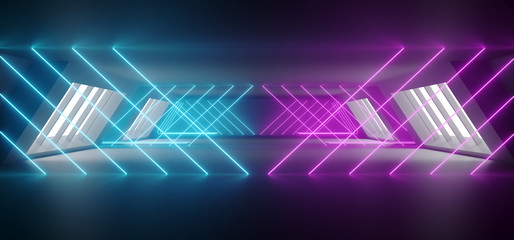 Modern Futuristic Sci Fi Alien Ship Reflective Dark Empty Long Corridor Tunnel With Big White Windows And Purple Blue Triangle Shaped Neon Glowing Lines Background 3D Rendering