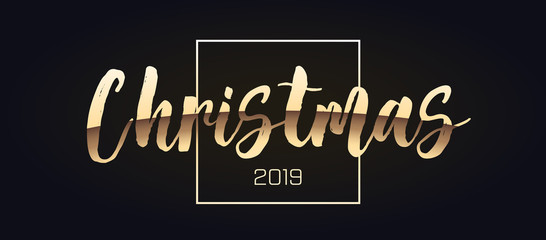 Merry Christmas gold glitter lettering design. Christmas sign for greeting card, poster, banner. Vector golden glittering christmas on black background.