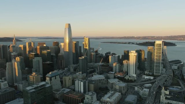Aerial sunset view Oakland bay bridge San Francisco